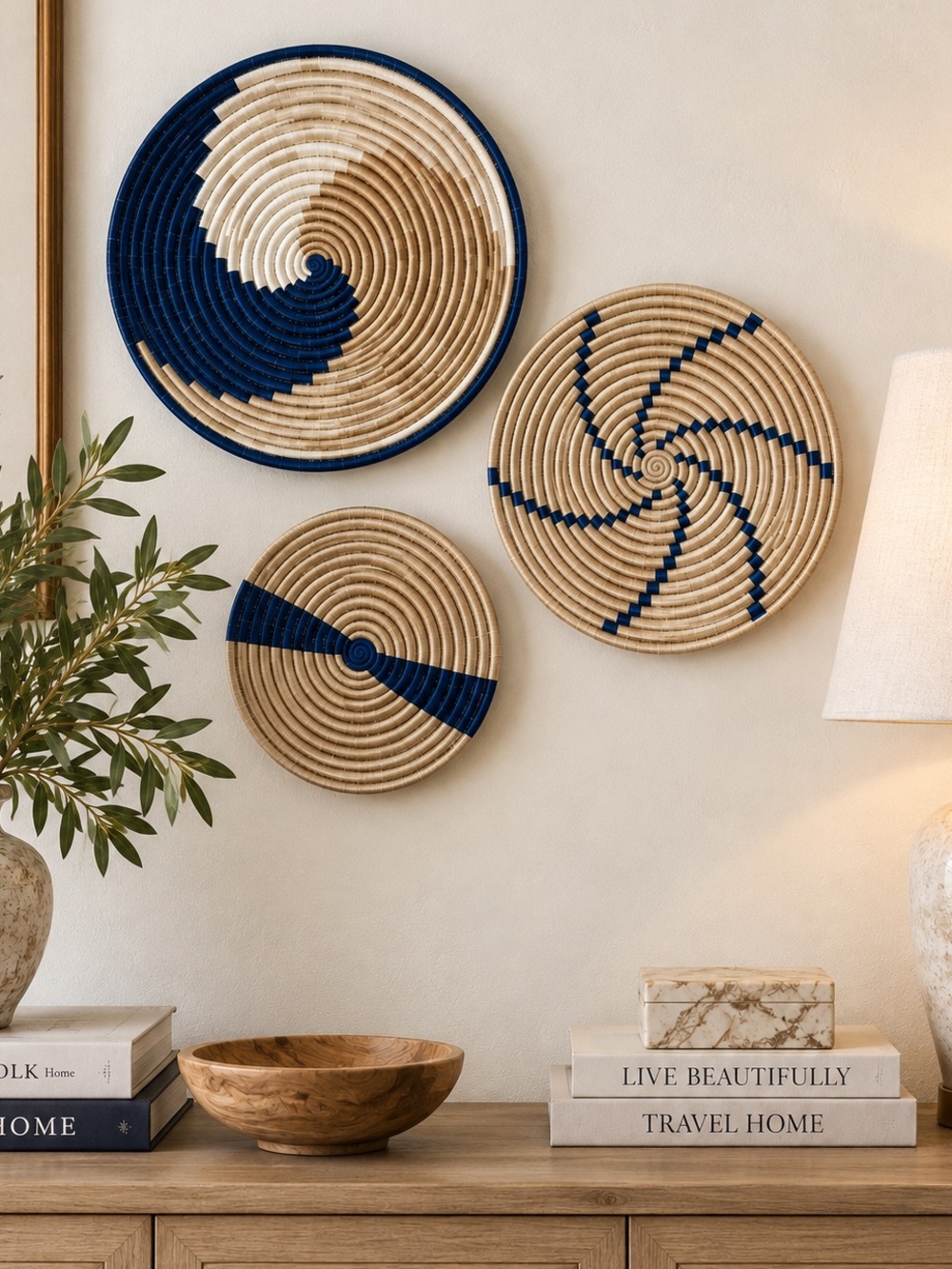 Rwandan Handwoven Wall Baskets Set of 3 | Blue & Natural